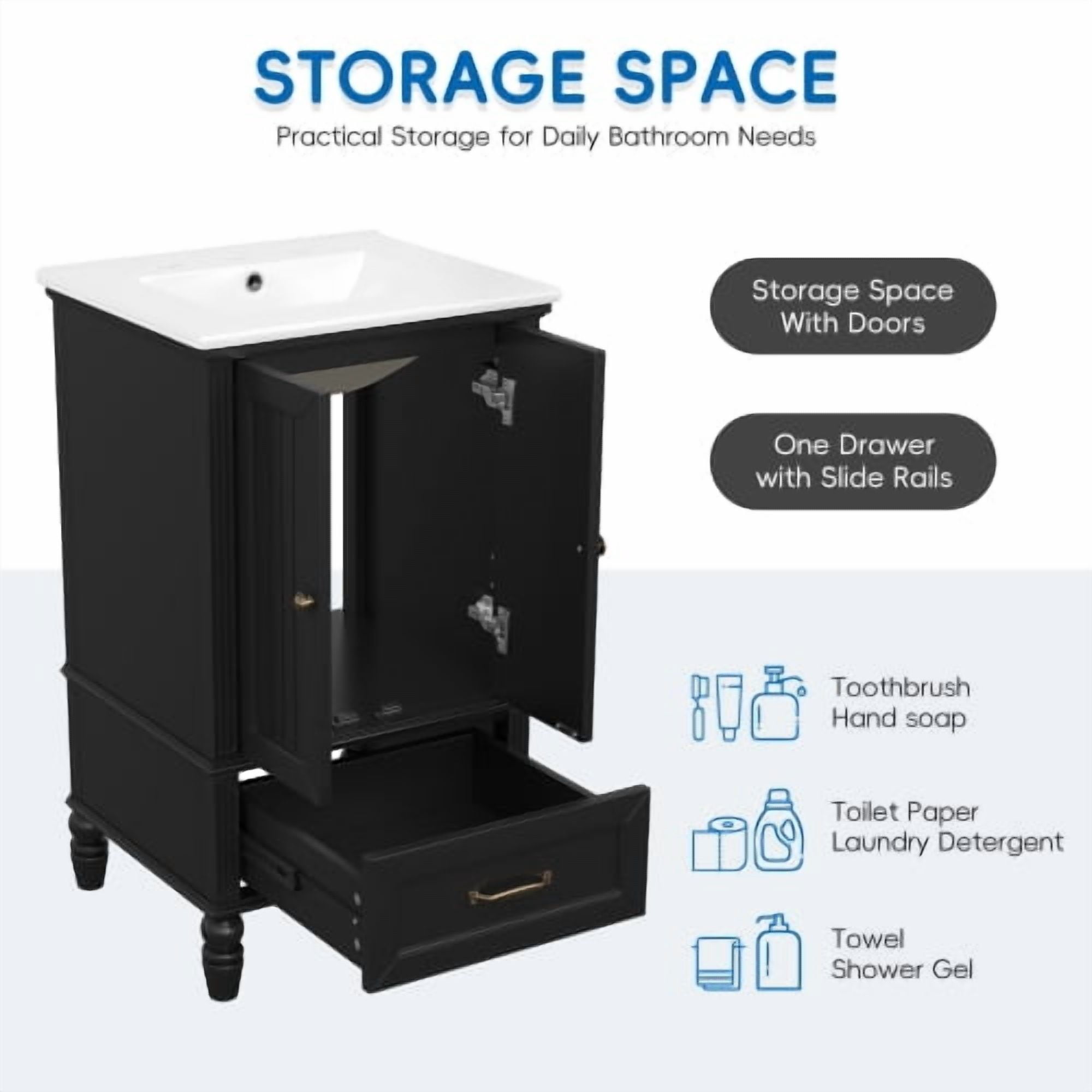 Taoruifang Black20" Bathroom Vanity with Sink, Bathroom Cabinet with Two Doors, Magnetic Door Stopper and Adiustable Foot Pads, A Drawer