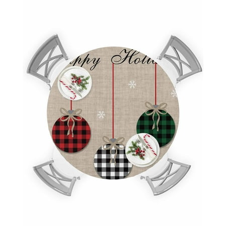 

Round Tablecloth with Elastic Christmas Ball Buffalo Plaid Waterproof Stain-proof Table Cover Wipeable Fitted Table Cloths for 55 -60 Round Tables Dining Kitchen Indoor Outdoor Use