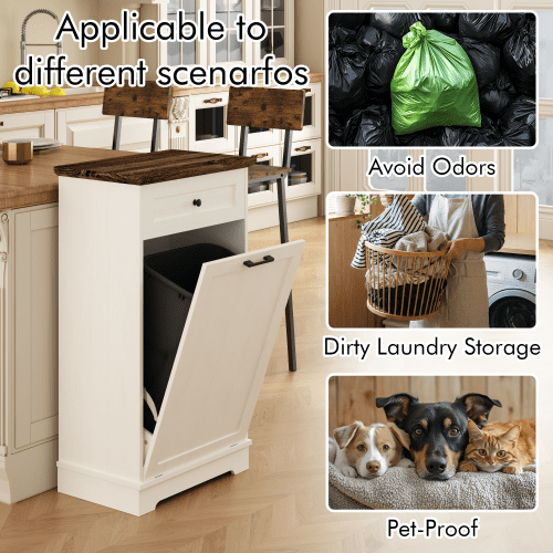 13 Gallon Tilt Out Trash Cabinet, Freestanding Wood Garbage Recycling Bin Cabinet with Drawer, Pet Proof Trash Can Holder for Kitchen Living Room, Antique White (Trash Can Not Included)