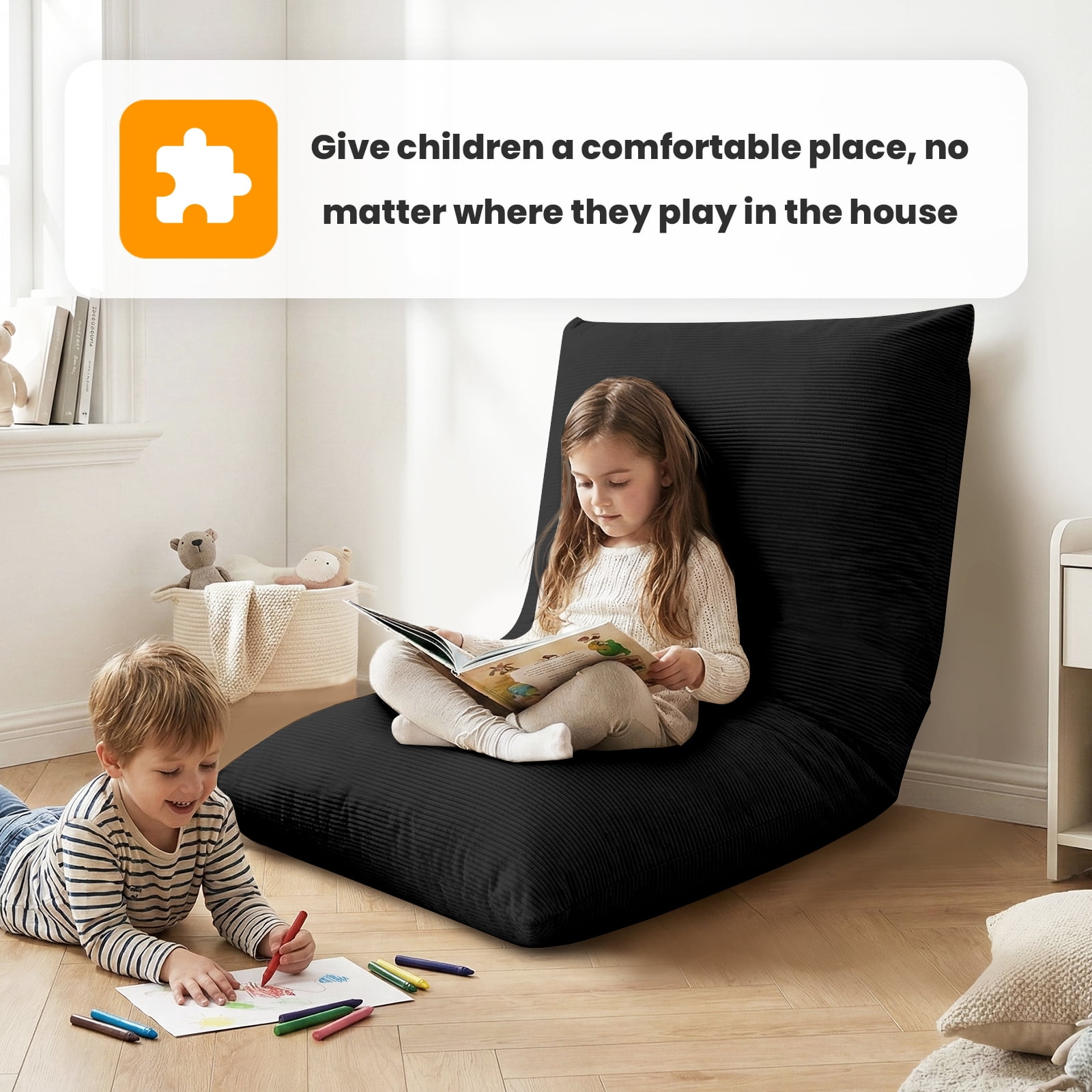 CATGOOD 3-in-1 Bean Bag Chair for Kids, Convertible kids chair with Skin Friendly Fabric for Living Room, Bedroom, Black