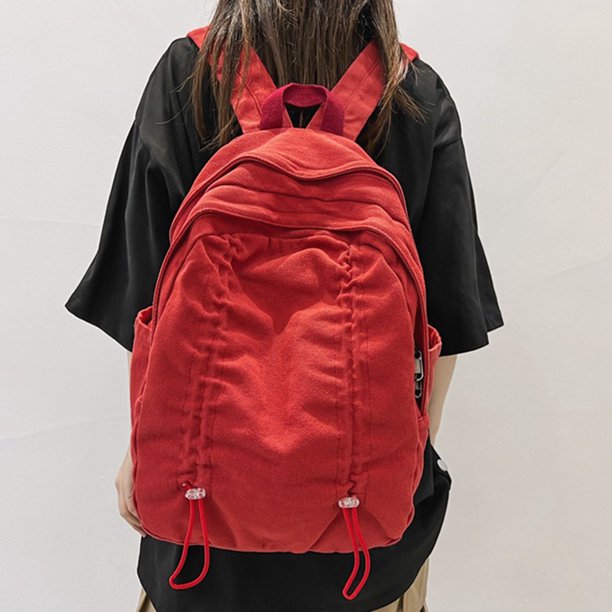 Mochila informal de lona con cordón plisado de gran capacidad unisex (rojo)