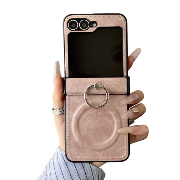 Allytechgroup Magnetic Case for Samsung Galaxy Z Flip 6 with Grip Ring Holder, Compatible with Magsafe Premium PU Leather Shockproof Anti-Scratch Bumper Slim Fit Kickstand Phone Cover Case, Pink