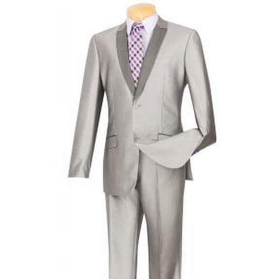 Vinci Men's Slim Fit Gray Shiny Sharkskin Tight Fitted Tux Style Suit S2PS-1