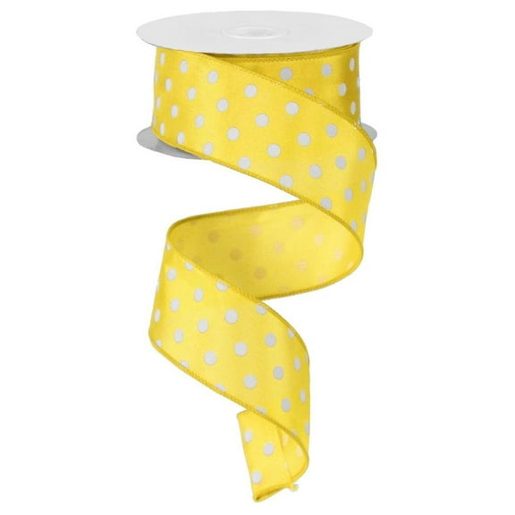 Yellow Polka Dots Wired Ribbon - 1 1/2" x 10 Yards, White Dots, Spring, Easter, Summer, Gift Basket, Wreath, Swag, Birthday, Bows, Christmas, Mardi Gras