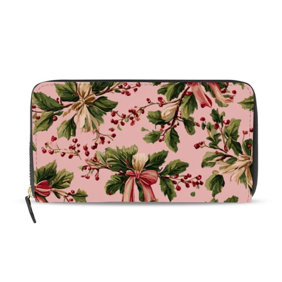Leaves with Pink Bows Christmas Women's Long Zipper Wallet Bifold Clutch Purse PU Leather Card Cases