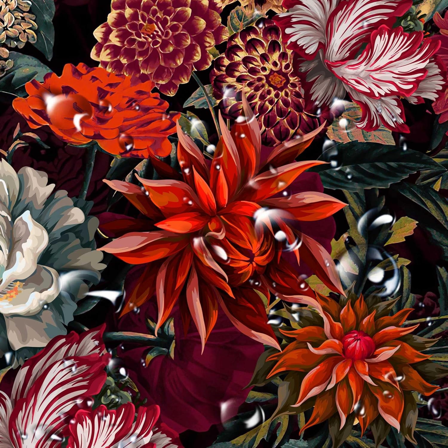 Floral Shower Curtain, Vintage Floral Shower Curtain Set Red Flower Plants Bathroom Curtain, Black Floral Boho Shower Curtain with Hooks for Bathroom Decor 47X64 Inch