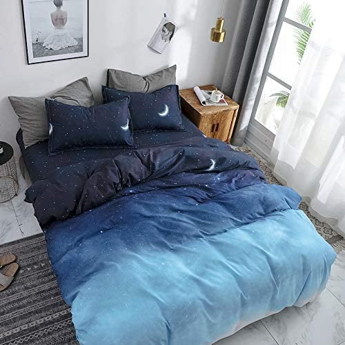 3 Pcs Blue Duvet Cover Queen - Soft Microfiber Galaxy Moon Comforter Cover Bedding Set for Kids Boys and Girls