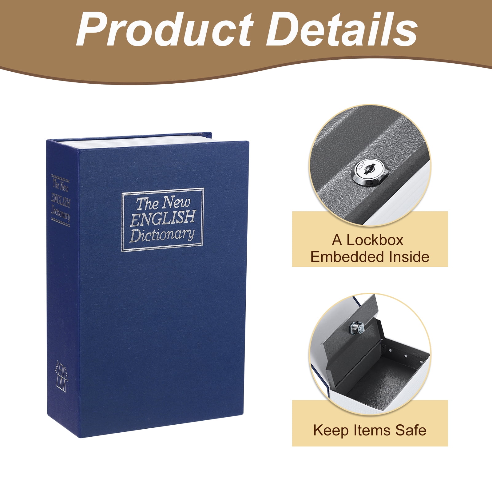 Uxcell Iron Plastic Paper Diversion Book Safe Hidden Storage Box with Key Lock Blue 7.09" x 4.53" x 2.17"