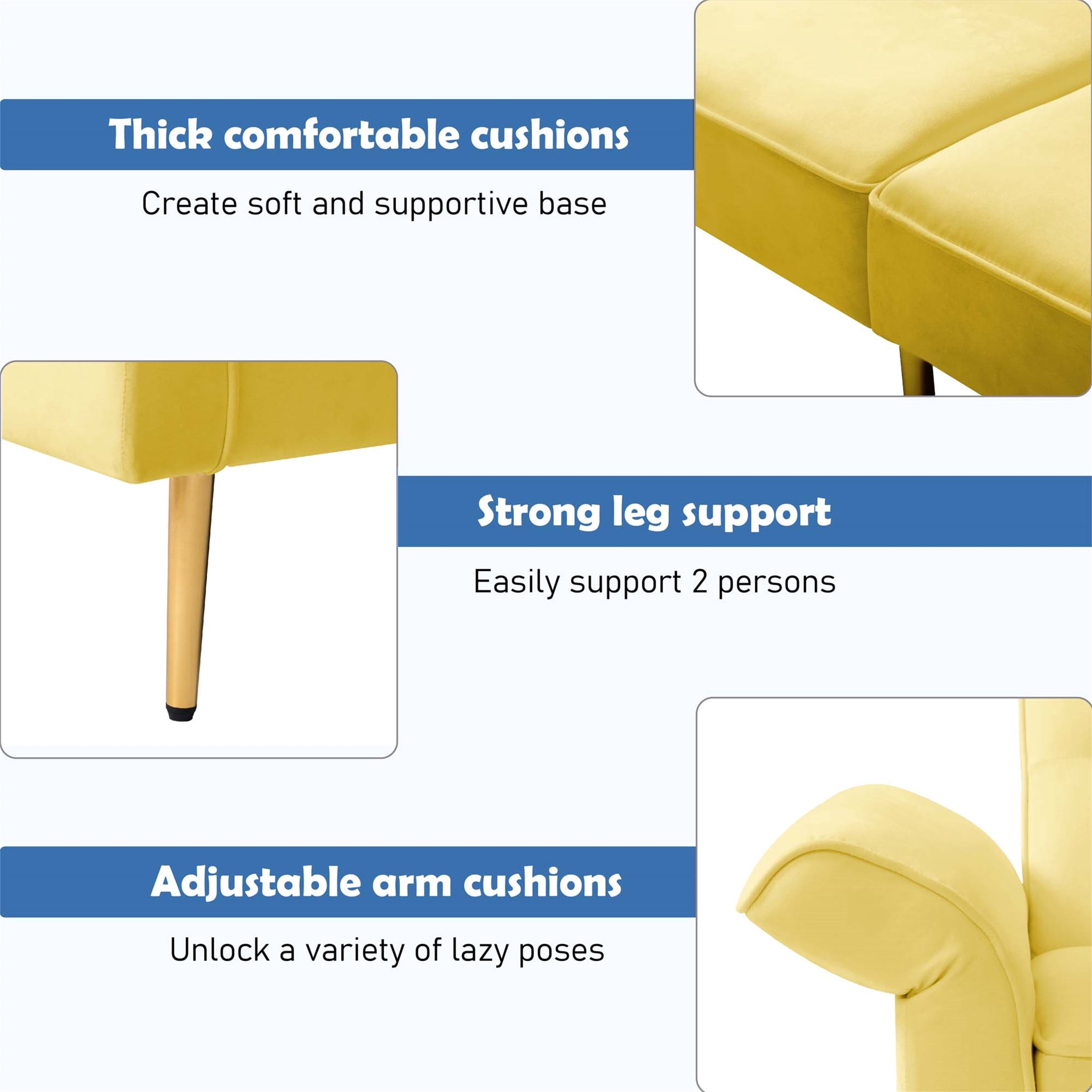Aukfa 84" Wide Velvet Futon Convertible Sofa for Living Room, Folding Arm, 2 Pillows, Yellow