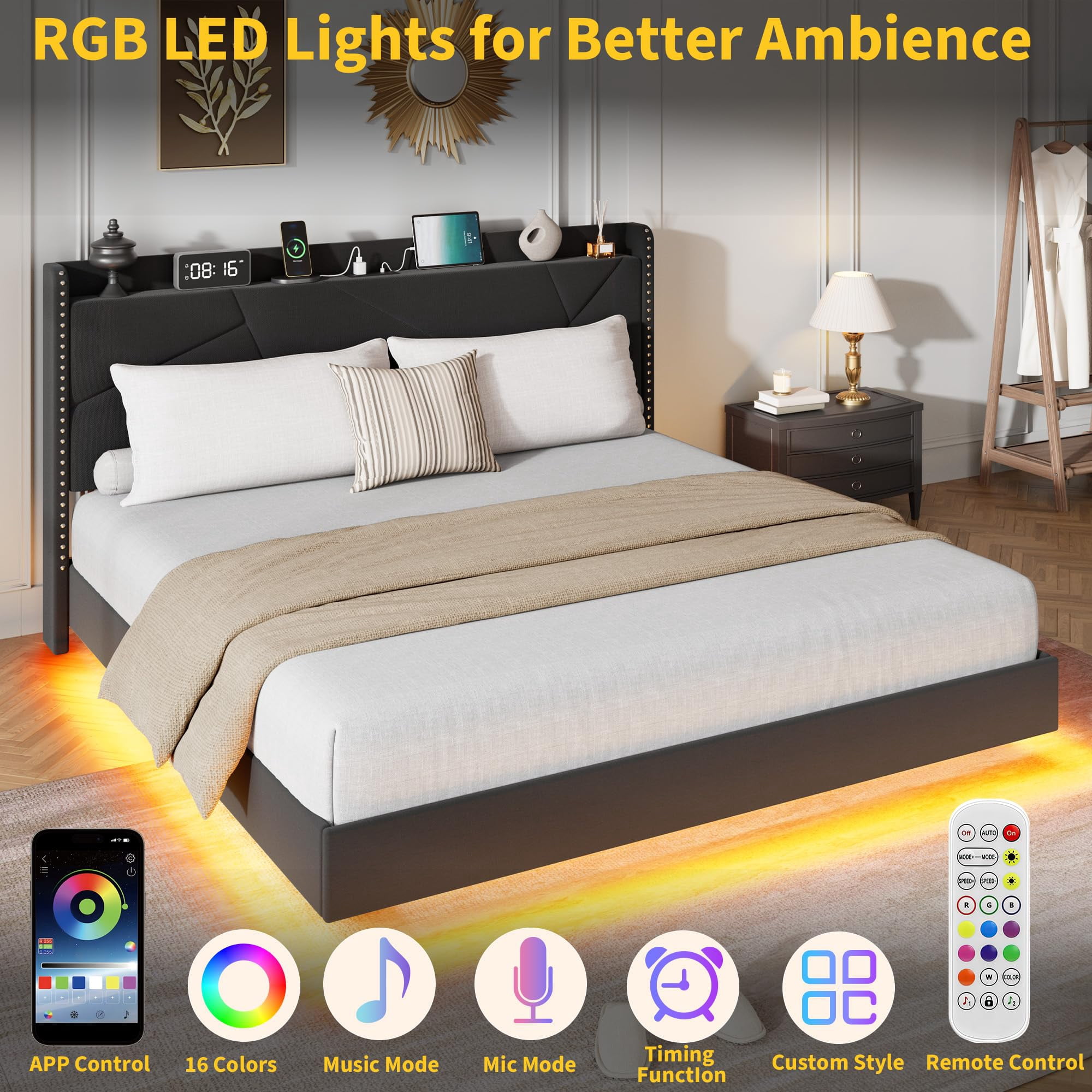 Huisuilinss Floating Bed Frame Full,Queen Size Upholstered Platform Bed With LED Lights & Charging Station,Storage Headboard & Folding Shelves Storage,Metal Slats Support,No Box Spring Needed