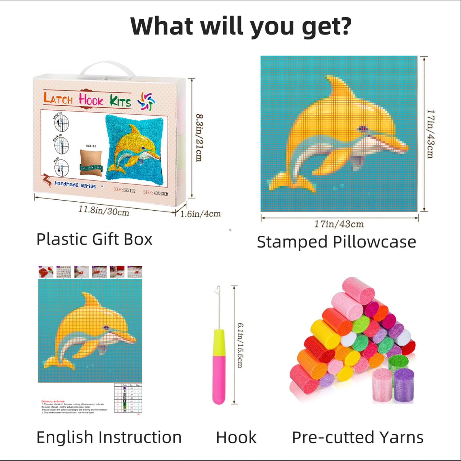 Cartoon Cute Dolphin DIY Latch Hook Pillow Kits for Adults Printed Pillowcase Crochet Yarns Hooking Handmade Pillow Cover Cushion for Home Sofa Decoration 17x17inch(2)