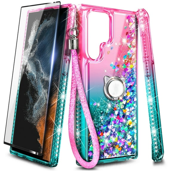 for Samsung Galaxy S23 Plus Case, Moving Liquid Holographic Sparkle Glitter Case with Kickstand & Screen Protecter