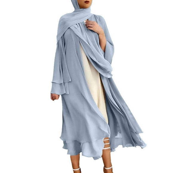 Plus Size Maxi Dress, Long Sleeve Muslim Dress for Women, Modest Chiffon Cardigan Dress with Open Front