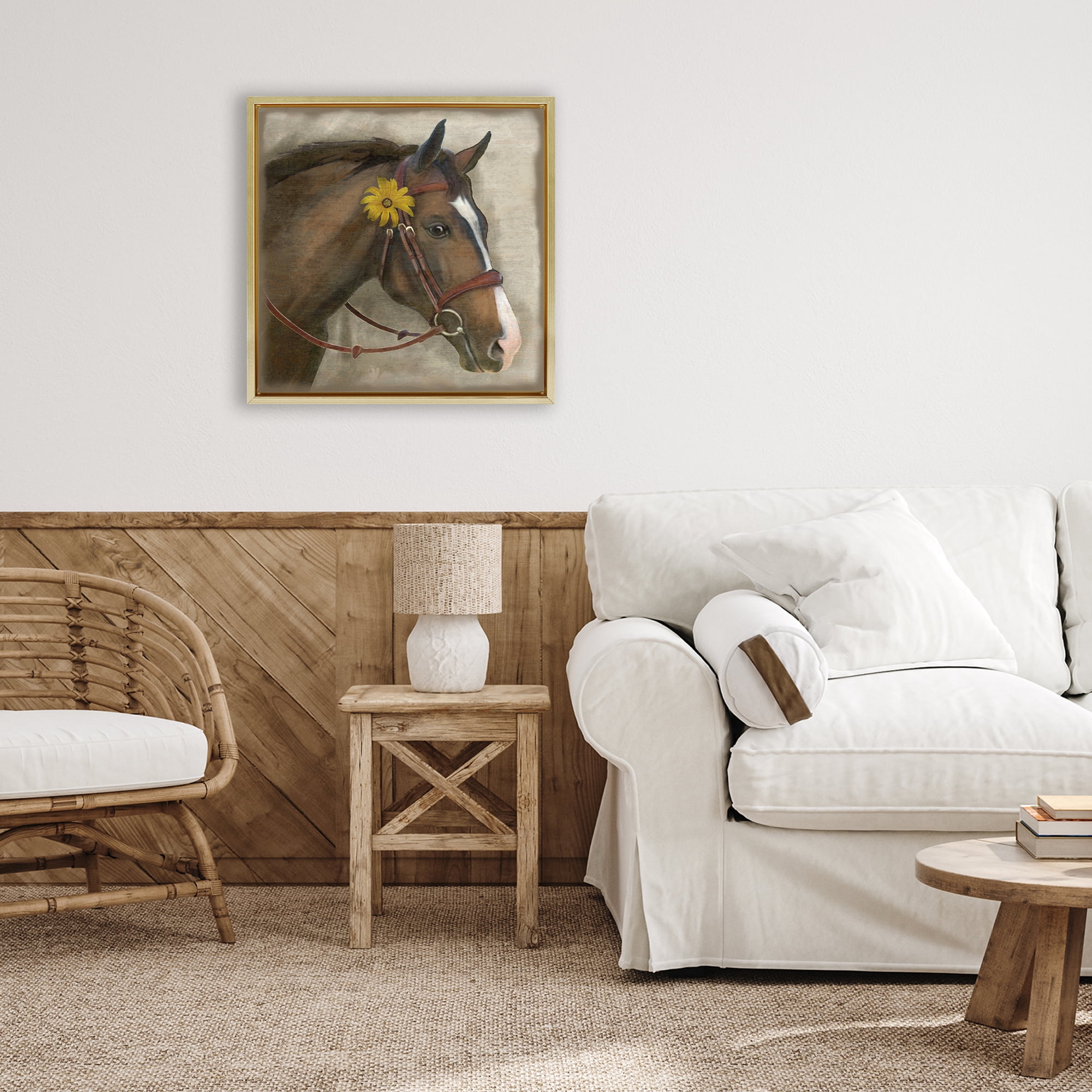 Stupell Industries Barnyard Horse with Daisy Gold Framed Floater Canvas Wall Art, design by Suzanne Nicoll