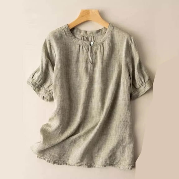 Xdegoge Crewneck Blouses for Women Cotton Linen Short Puff Sleeve Pleated Casual Tops Summer Breathable Lightweight Tunic Shirts Relaxed Fit Daily Wear Soft Tops