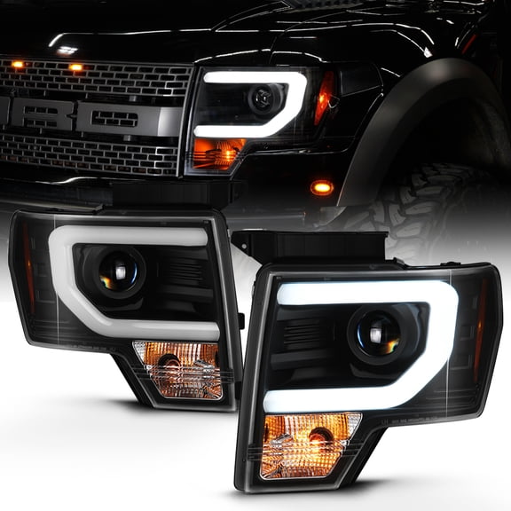 Black 2009-2014 Ford F150 Raptor SVT LED Tube DRL Projector Headlights Headlamps