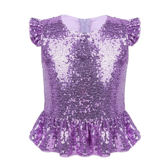 TSSOE dance shirts for girls metallic sequins flounce sleeve dancewear tank top mermaid cosplay top Lavender 16