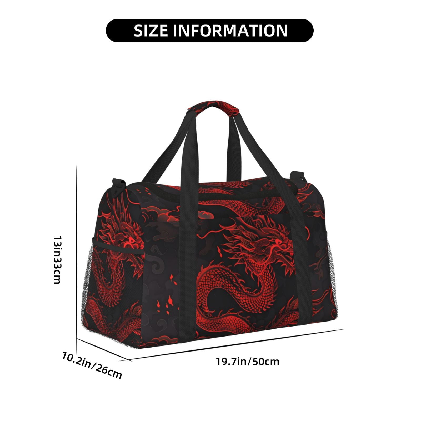 Defioc Red Dragon On Black Print Hand Travel Bag - Foldable Travel Duffel Bags for Men Women -Sport Gym Bag - Overnight Travel Duffel Bag - Adjustable Shoulder Strap