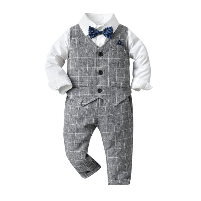 Gibobby Conjunto para bebé Niñas Camiseta de manga larga para niños pequeños, chaleco a cuadros, abrigo, pantalones, trajes de para niños(Gris, 3-4 Años)