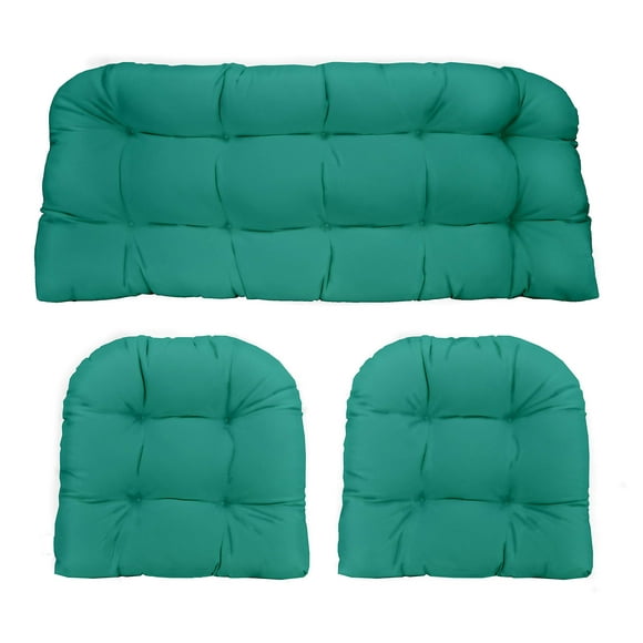 RSH Decor Indoor Outdoor 3 Piece Tufted Wicker Settee Cushions 1 Loveseat & 2 U-Shape Weather Resistant - Choose Color (Cancun Blue Green, 2- 19"x19" 1- 41"x19"), 3 Piece Set