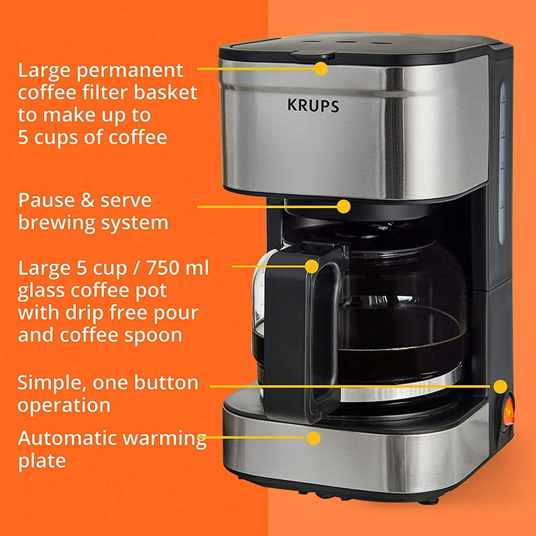 Krups Simply Brew Stainless Steel Drip Coffee Maker 5 Cup 650 Watts Coffee  Filter, Drip Free, Dishwasher Safe Pot, Compact Silver and Black
