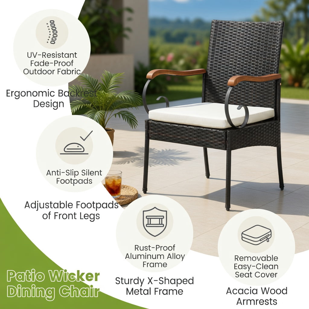 Hommoo 2-Piece Outdoor PE Wicker Dining Chairs with Acacia Wood Armrests, Weather-Resistant Patio Seating Set, Off-White Cushions, Sturdy X-Frame Design, Brown