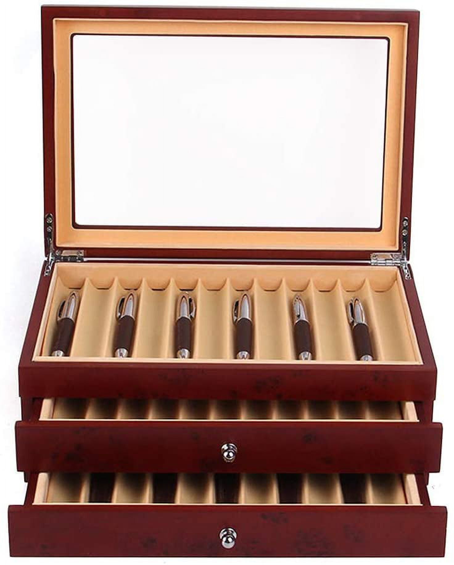 ANQIDI Pen Box 3 Layers High-grade 34 Slots Sandalwood Wood Fountain Pen Storage Collector Box with Glass Lid and Drawer (​Red)