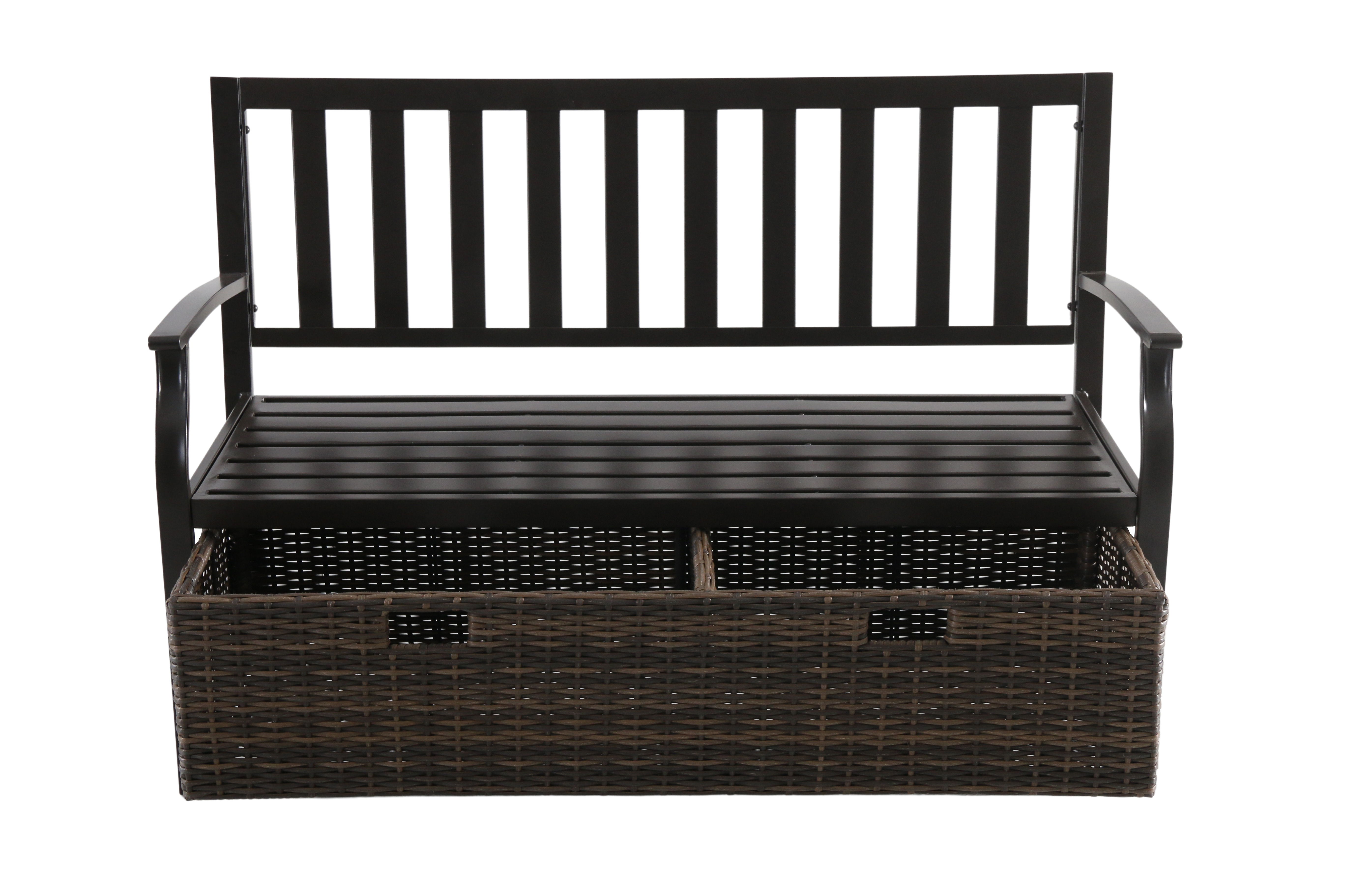 Better Homes & Gardens Camrose Farmhouse Steel Outdoor Bench with Wicker Storage Box, Bronze/Brown - image 3 of 11