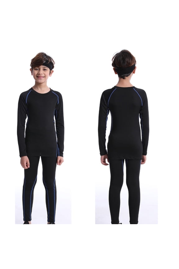 Kids Compression Training Suit, Boys' Thermal Base Layer Set with Fleece Lining, Slim Fit Athletic Wear for Cold Weather Sports, Soccer, Skiing and Basketball Activities Blue