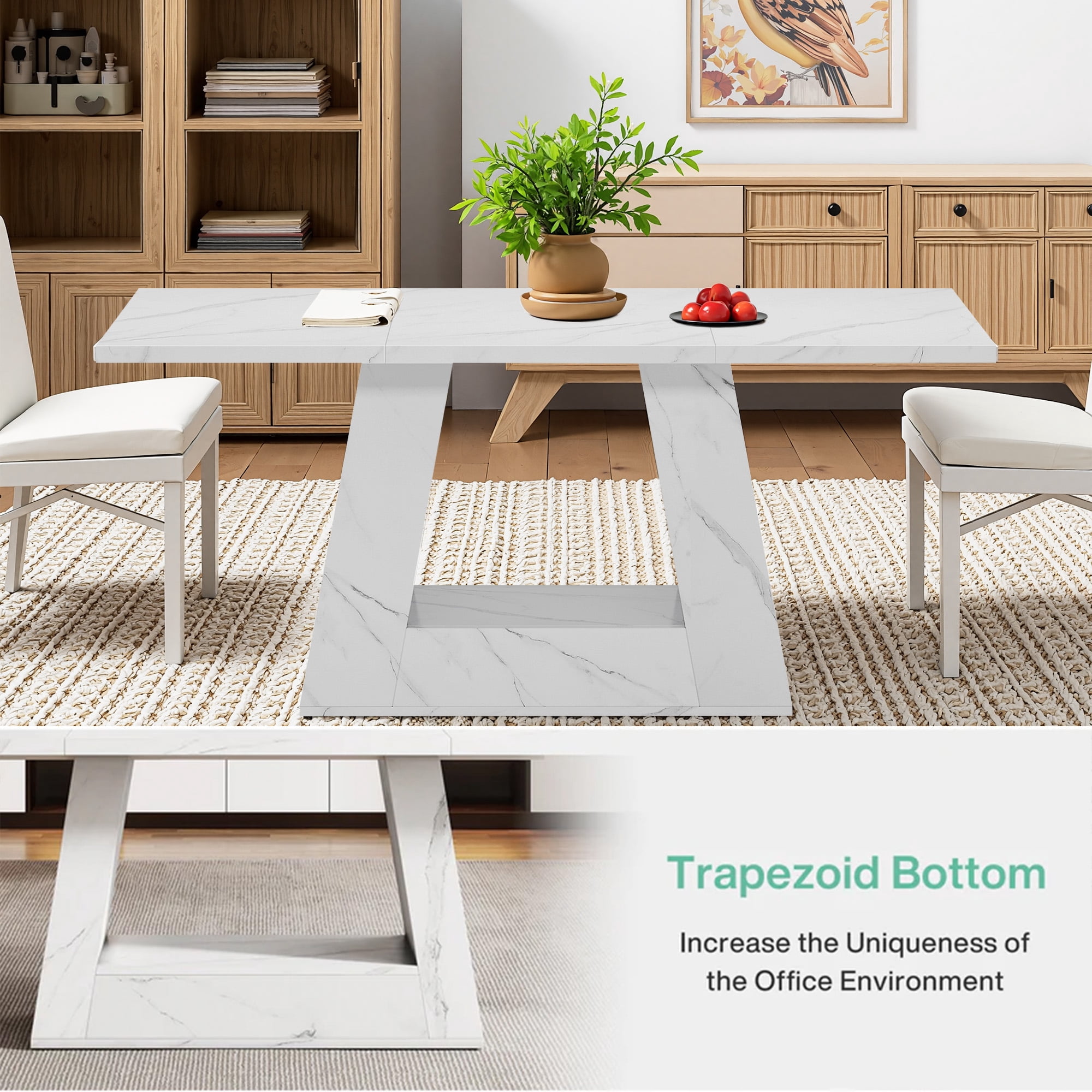 MAYEERTY 63" Faux Marble Dining Table for 4-6 People, Modern Kitchen Table with Trapezoidal Legs, Multi-Purpose Desk & Easy Assembly for Home