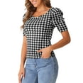 thumbnail image 4 of INSPIRE CHIC Houndstooth Work Blouse for Women's Short Sleeve Square Neck Casual Blouses Top, 4 of 5