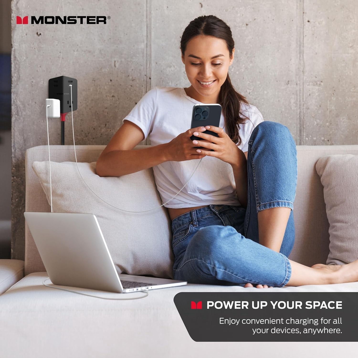 Monster Power Shield Magnetic Wall Outlet Extender, 2 AC Outlets, 3 USB-A & 1 USB-C Port (20W)