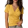 thumbnail image 3 of Women's Summer Cross Over V Neck Pleated Elegant Solid Color Fitted Short-Sleeve T-Shirt Casual Top Yellow M, 3 of 6