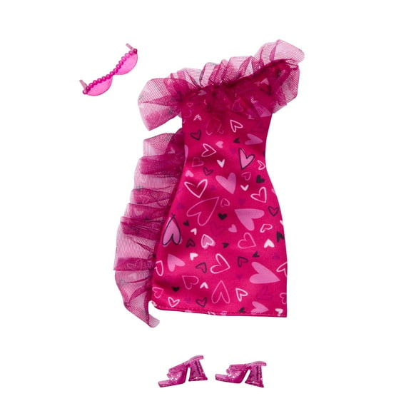 Barbie Doll Clothing, Fashion Pack with Ruffled Pink Heart Dress & Accessories (1 Outfit)