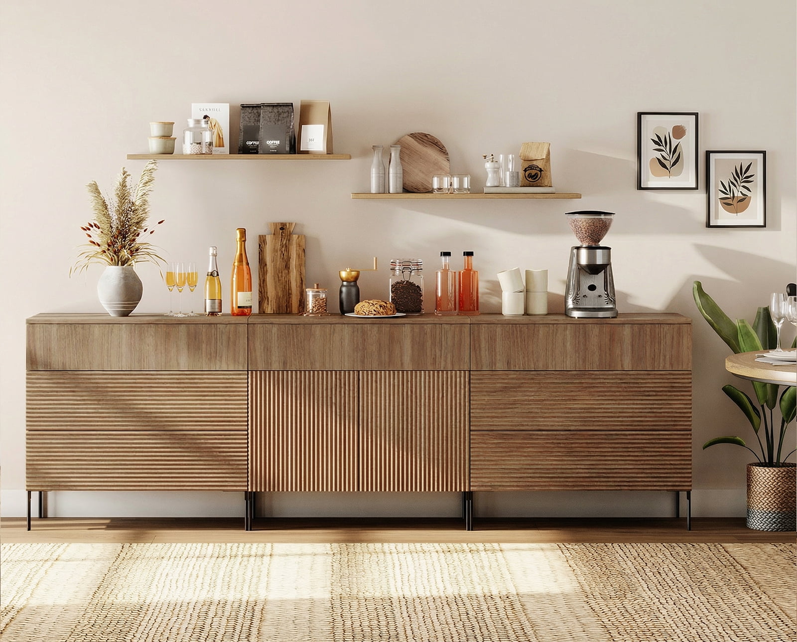 94.5" Modern Reeded Minimalist Sideboard with Drawers and Doors, 3-In-1 Wooden Credenza Storage Cabinet for Kitchen, Dining Room