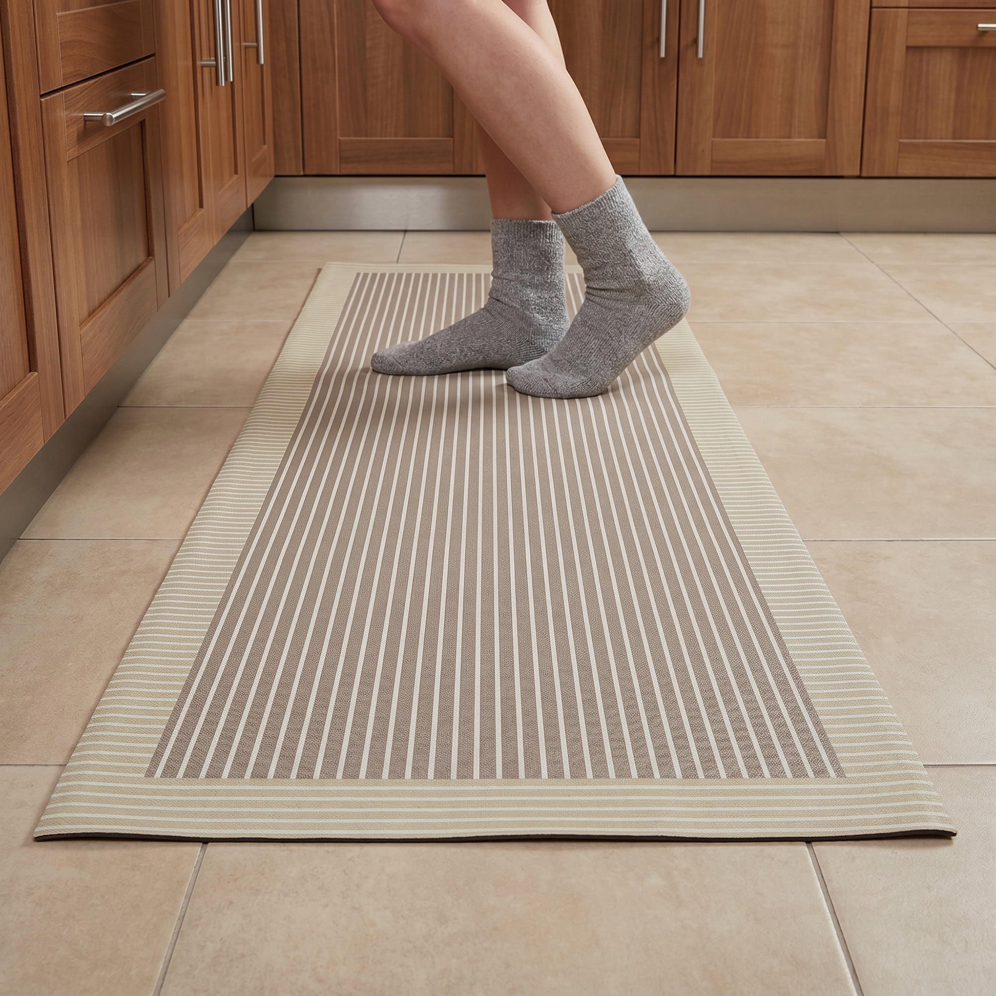 Unique Bargains Geometric Anti Waterproof Non Slip Rubber Mat Beige Stripe 47" x 18"