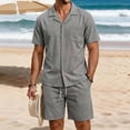thumbnail image 2 of Bovxnpu Men 2 Piece Linen Set Beach Outfits Cotton Linen Men Short Sleeve Button Collar Shirt Beach Shorts Set, 2 of 7