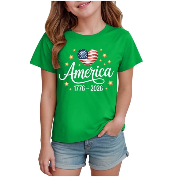 Nwiuh Girls 1776-2026 America Short Sleeve T Shirts Kids Summer Oversized Casual Drop Shoulder Crewneck Patriotic Tees (Green, 5-6 Years)