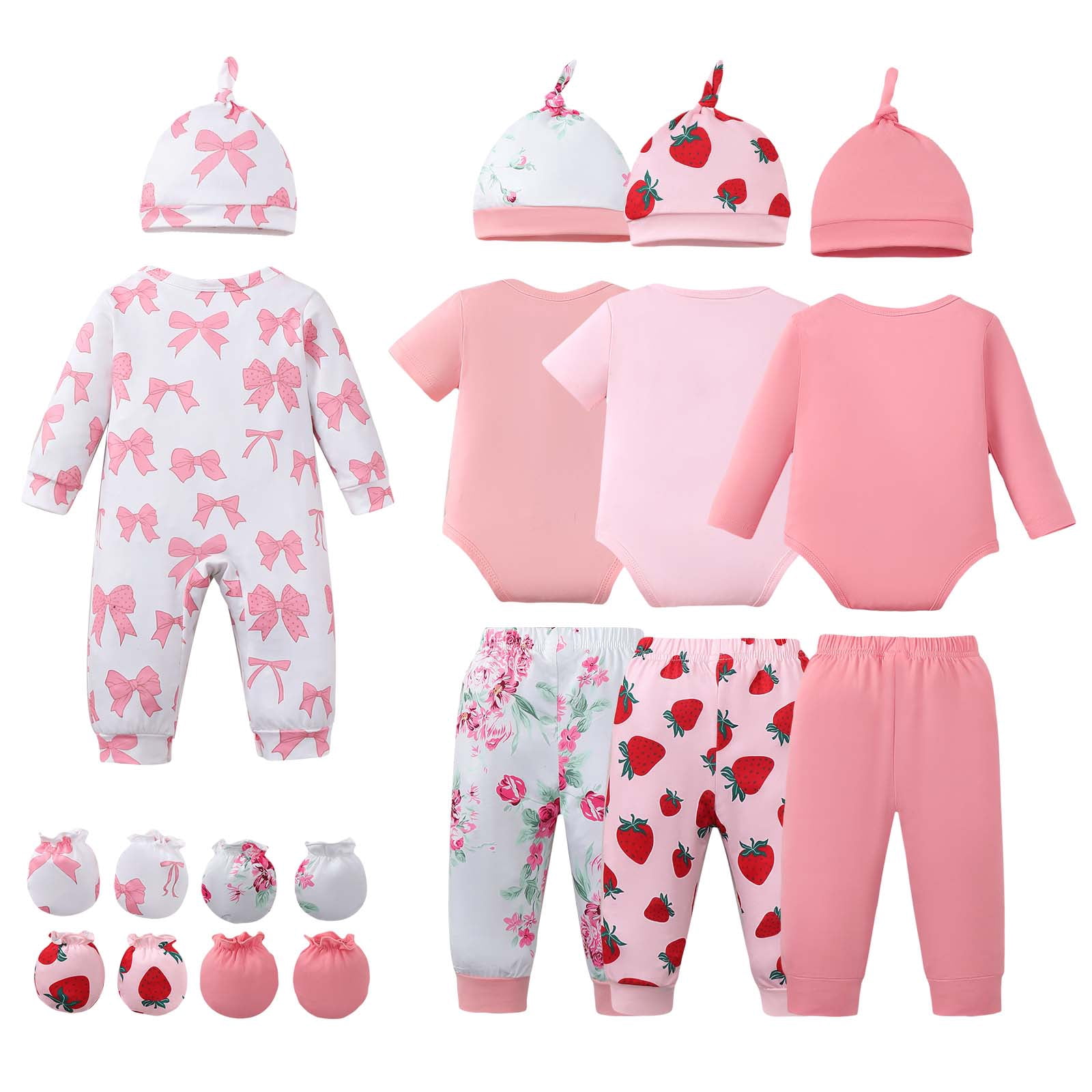 KIMI BEAR Newborn Baby Girls Layette Set 4 Packs Shower Gifts Essential Clothing Short Sleeves Long Sleeves Romper Top Pants and Bodysuit with Hats and Gloves 15pcs Clothes Pink NB