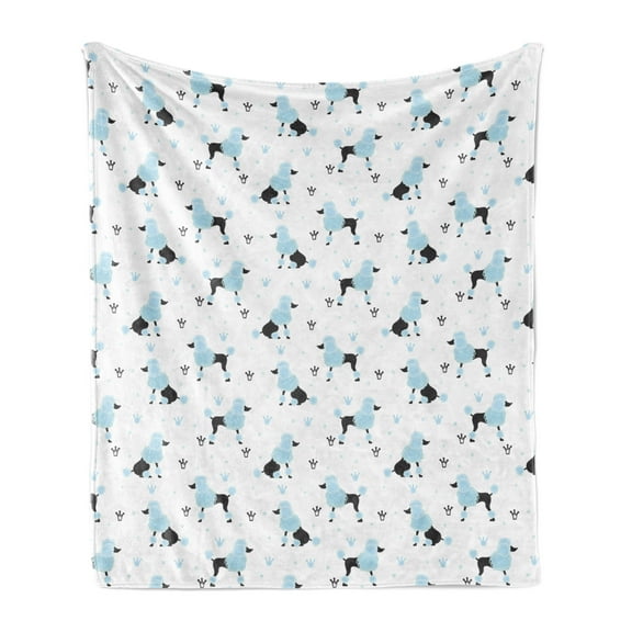 Poodle Soft Flannel Fleece Throw Blanket, Crowns Hand Drawn Scribble Fluffy Dog Species, Cozy Plush for Indoor and Outdoor Use, 60" x 80", Pale Blue White, by Ambesonne