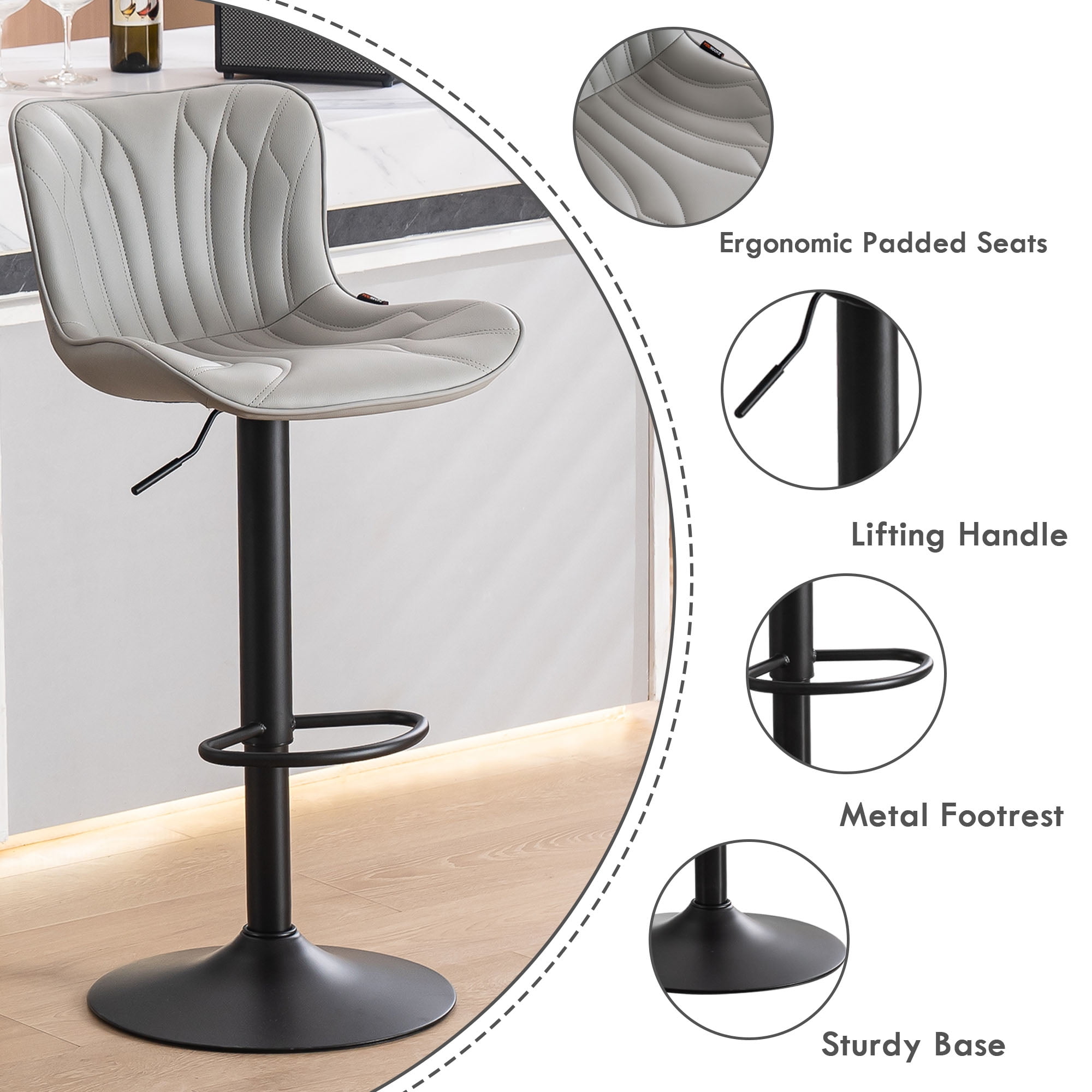 YOUNIKE Barstools PU&Plastic Counter Height Bar Stools Adjustable Swivel  Bar Chairs with Footrest, Ergonomic Streamlined Kitchen Island Stools,Home