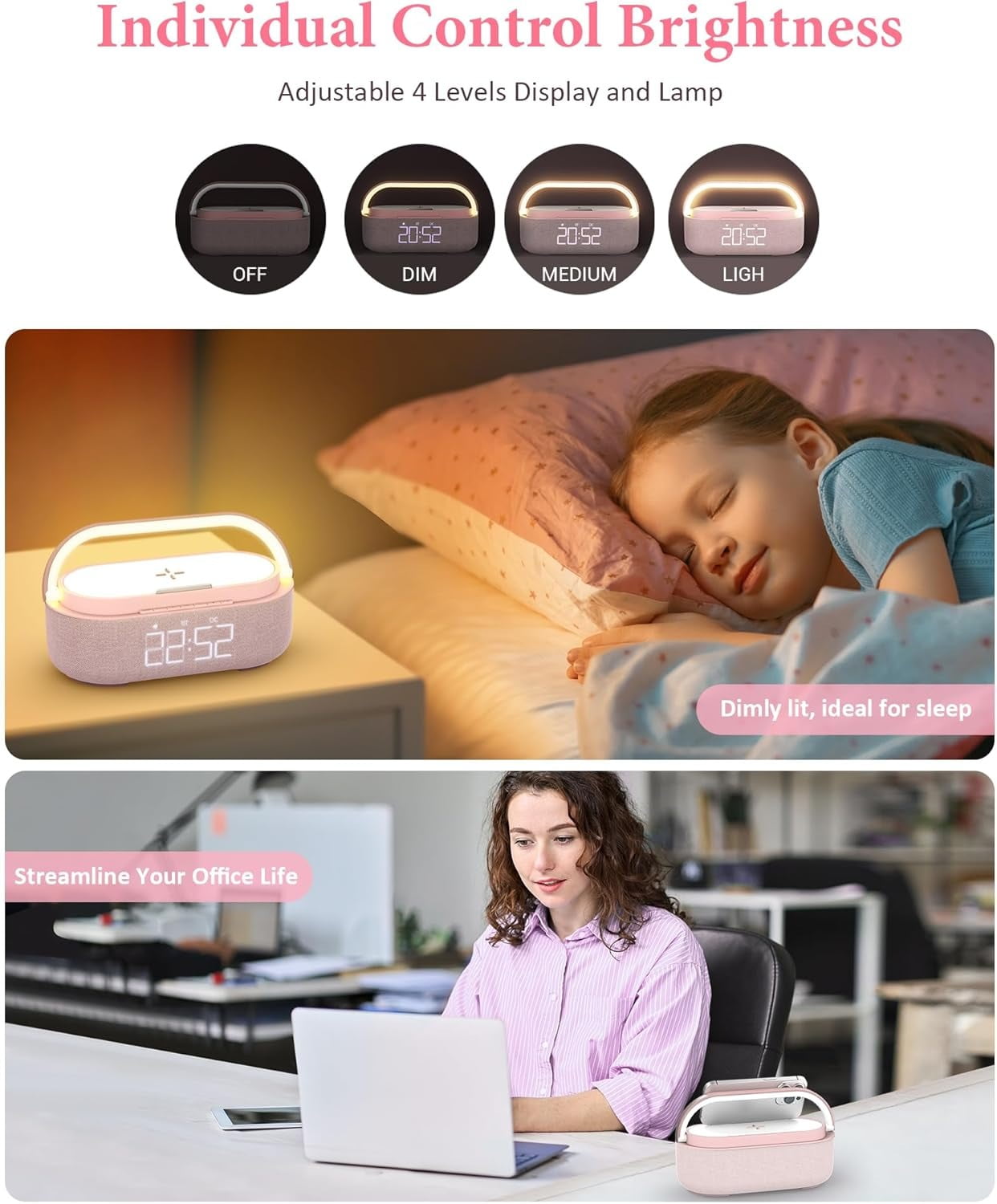 FreeFish Bluetooth Speaker Alarm Clock with Wireless Charger, LED Night Light, 2500mAh Battery - For Bedroom, Home Pink