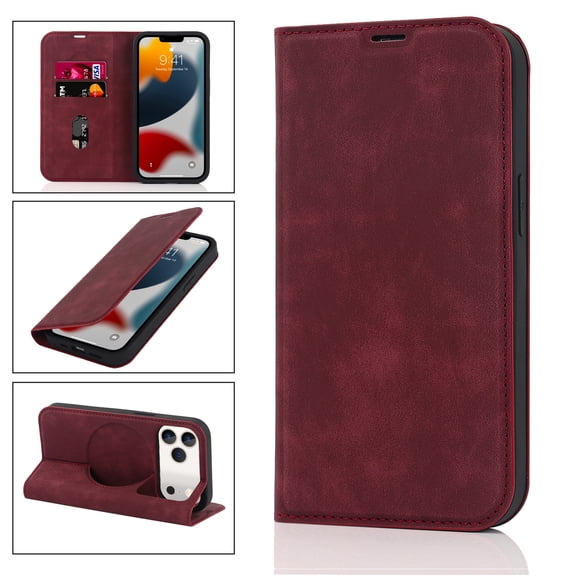 Wallet Case For iPhone 18 Pro Max,Compatible with Magsafe Charger,Premium PU Leather Magnetic Closure Flip Stand RFID Blocking Card Wallet Slots Shockproof Full-Body Phone Cover,Red
