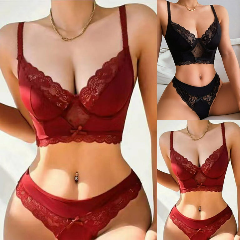 ALSLIAO Sexy Lingerie Plus Size Women Underwear Lace Bra Panties G-String  Set Thong Red XL
