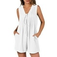 thumbnail image 2 of BiZtdJrK Womens Rompers Summer Loose Sleeveless Pleated Tie Front V Neck Short Jumpsuits Solid Casual One Piece Shorts with Pockets White XL, 2 of 8