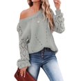 thumbnail image 3 of Women Fall Sweaters Crochet Long Sleeve Off the Shoulder Clothes Cute Crewneck Knit Pullover Tops Gray XL, 3 of 9