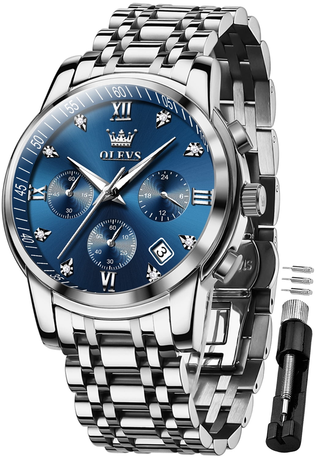 OLEVS Watches for Men, Mens Watches Gifts for Men Chronograph Analog Quartz Luxury Casual Classic Diamond Waterproof Luminous Stainless Steel Reloj para Hombre Blue Dial