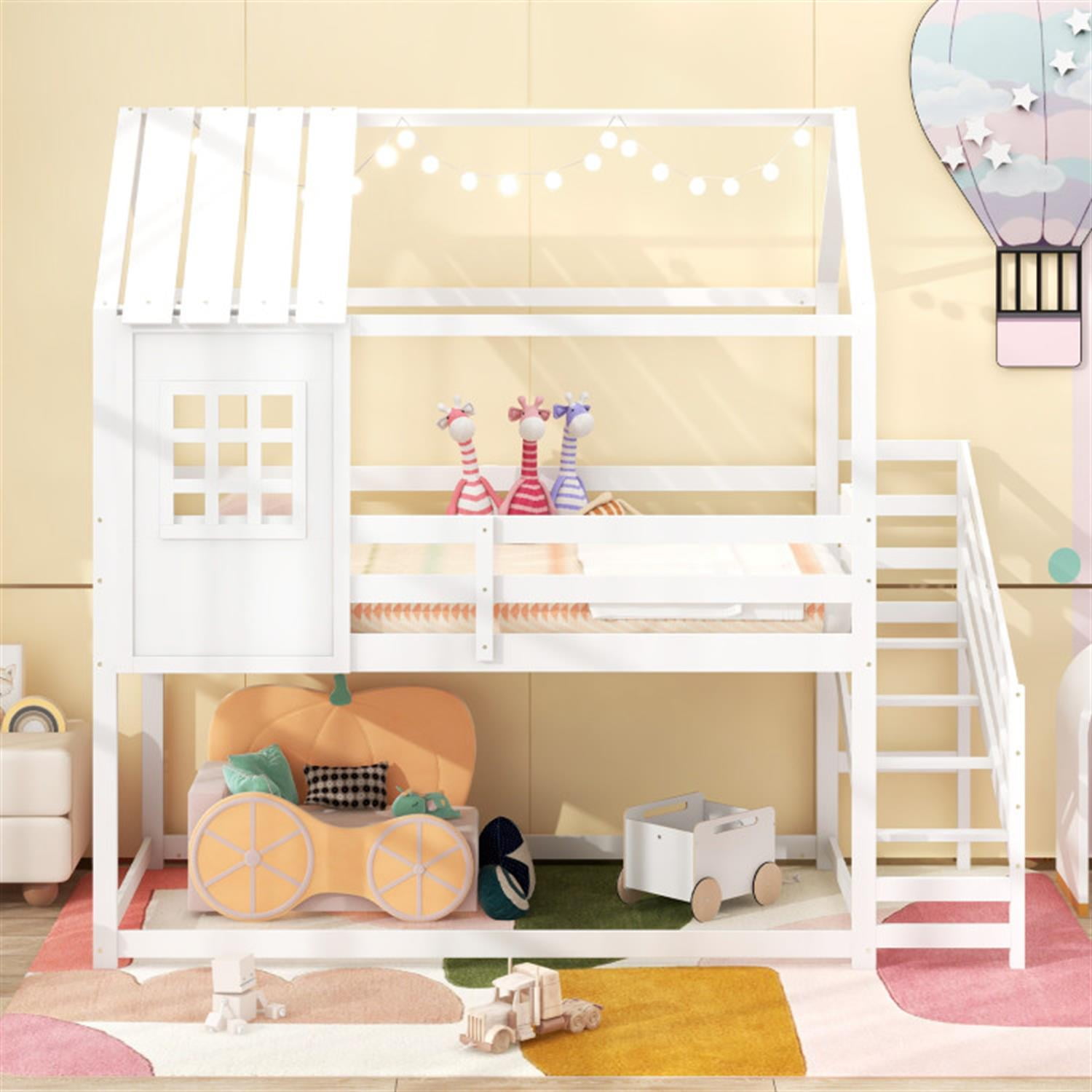 Demi Bonn Twin Over Twin Bunk Bed with Stairs and Roof, Twin Bunk Beds, Space-saving Solid Wood House Bed Frame, White