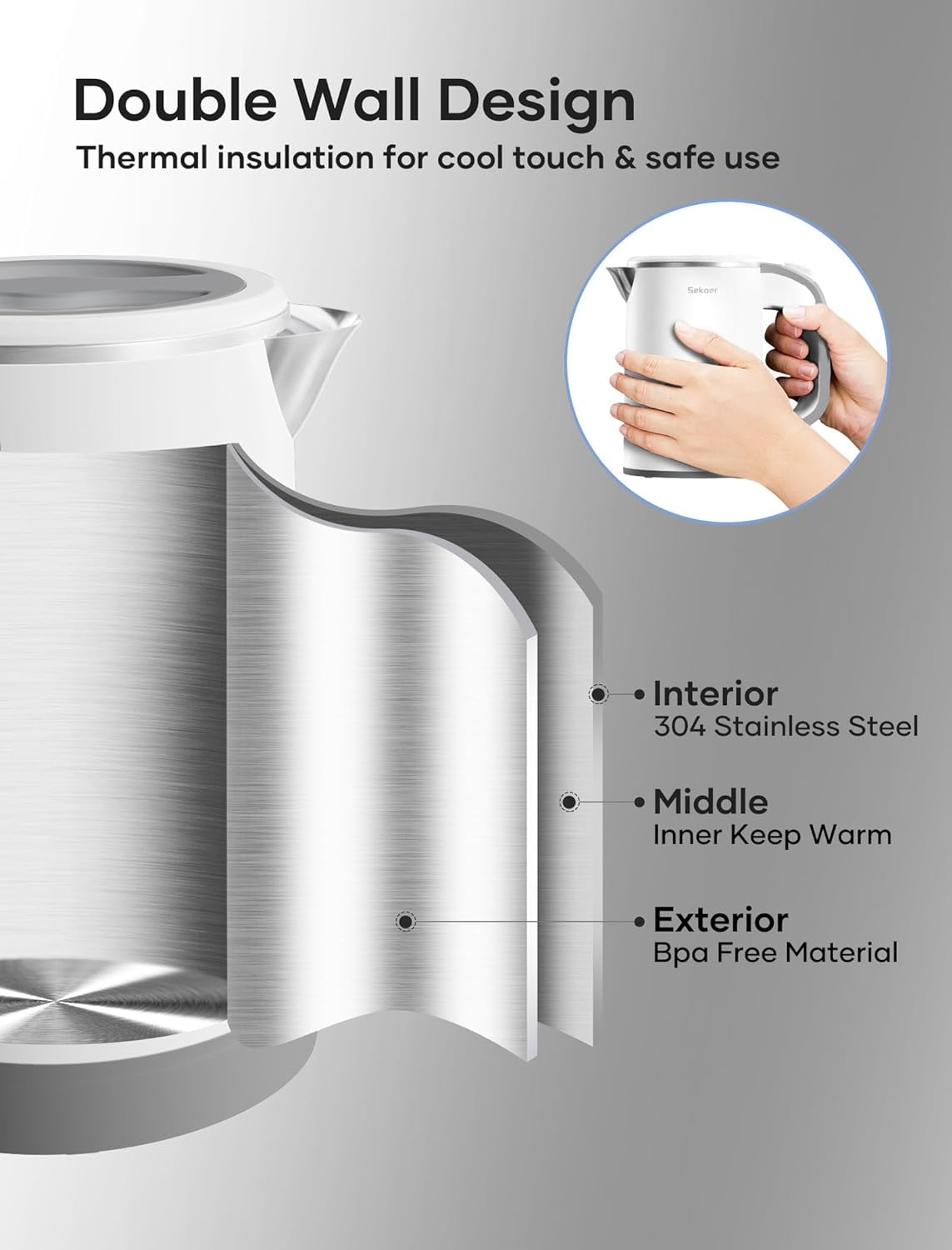 Sekaer Travel Electric Tea Kettle with Auto Shut-Off & Boil Dry Protection, 304 Stainless Steel Mini Portable Water Kettle, Fast Heating Coffee Kettle, Perfect Holiday Gifts White