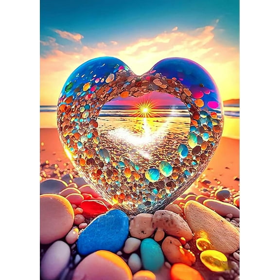 DIY 5D Diamond Painting Kit (for Adults) Diamond Painting "Colorful Heart, Love Beach" - Full Diamond Crystal Rhinestone Embroidery Craft Kit, Can Be Used as Gift, Wall Decoration